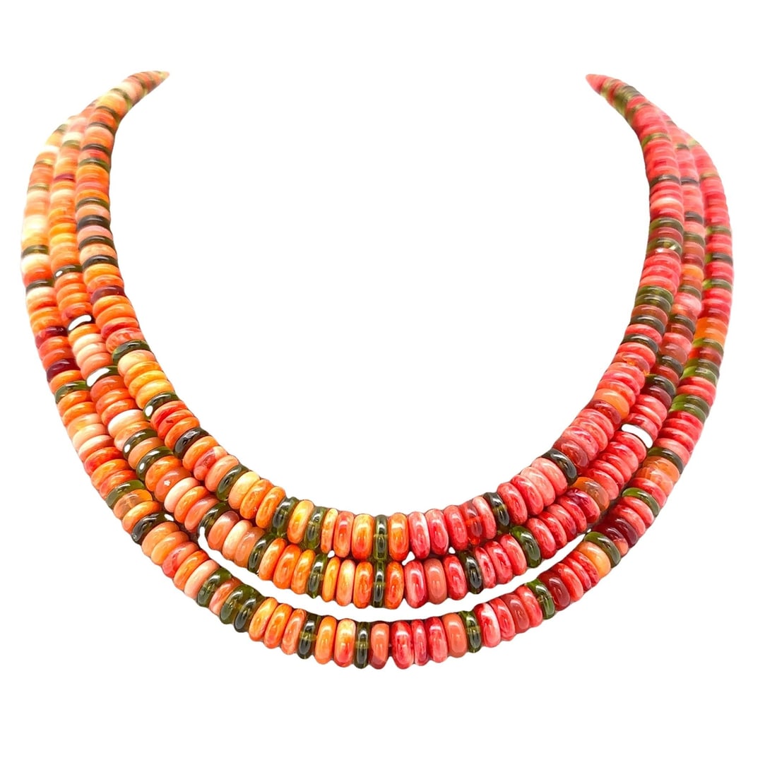 Lita Atencio 14k Gold 3 Row Coral Tourmaline Necklace: Lita Atencio 14k Gold 3 Row Coral Tourmaline Necklace This exquisite necklace features a stunning layered design with three rows showcasing a beautiful combination of natural stones. The centerpiece i