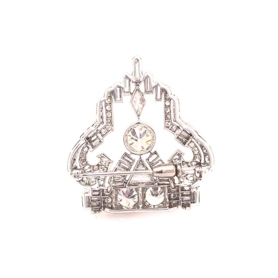 6.90 Ct Art Deco Diamond Pin Platinum 1.60 Ct Center Gem: 6.90 Ct Art Deco Diamond Pin Platinum 1.60 Ct Center Gem This exquisite 6.90 Ct Art Deco pin features a stunning design that showcases a 1.60 Ct European cut diamond at its center, graded I color and