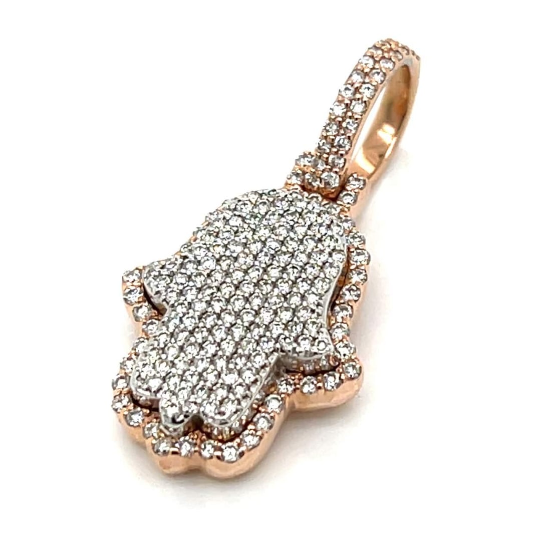 Stunning 14K Rose Gold Hamsa Pendant with 210 Diamonds: Stunning 14K Rose Gold Hamsa Pendant with 210 Diamonds This exquisite 14K Rose Gold Diamond Hamsa Pendant features a stunning design adorned with approximately 210 diamonds, totaling around 1.50 carat