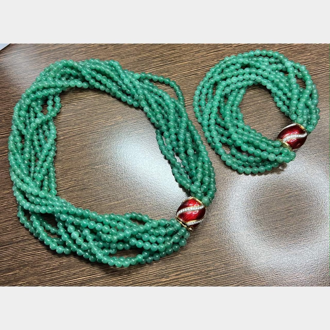 18K Yellow Gold Green Bead Diamond Necklace Bracelet Set 104 Diamonds 2.20 Ct (1 of 4)