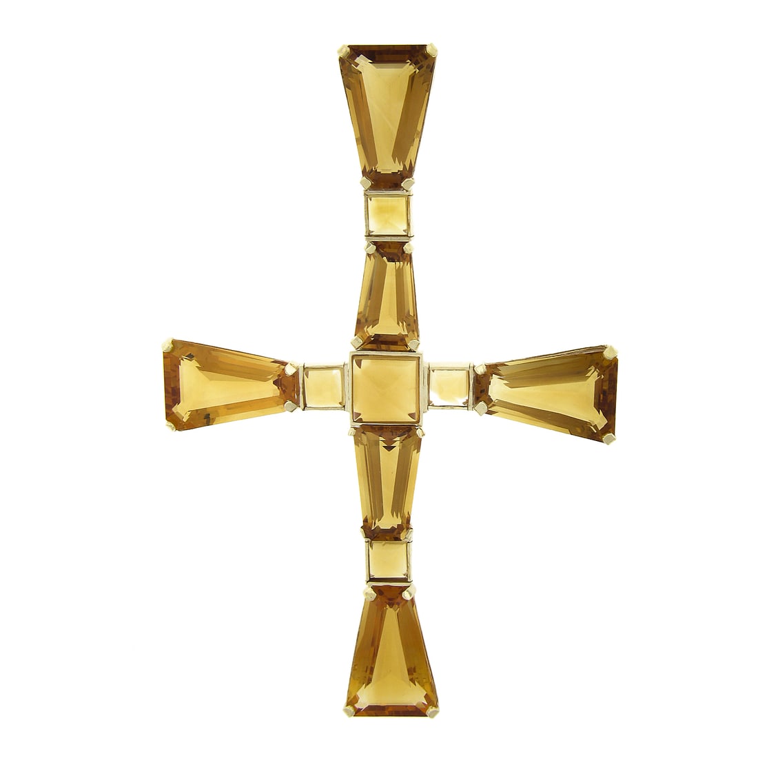 14k Yellow Gold Large Cross Slide Pendant with Citrine Gemstones: 14k Yellow Gold Large Cross Slide Pendant with Citrine Gemstones This magnificent 14k Gold Trapezoid & Sugarloaf Cabochon Cut Citrine Large Cross Slide Pendant is a stunning piece of jewelry that beau