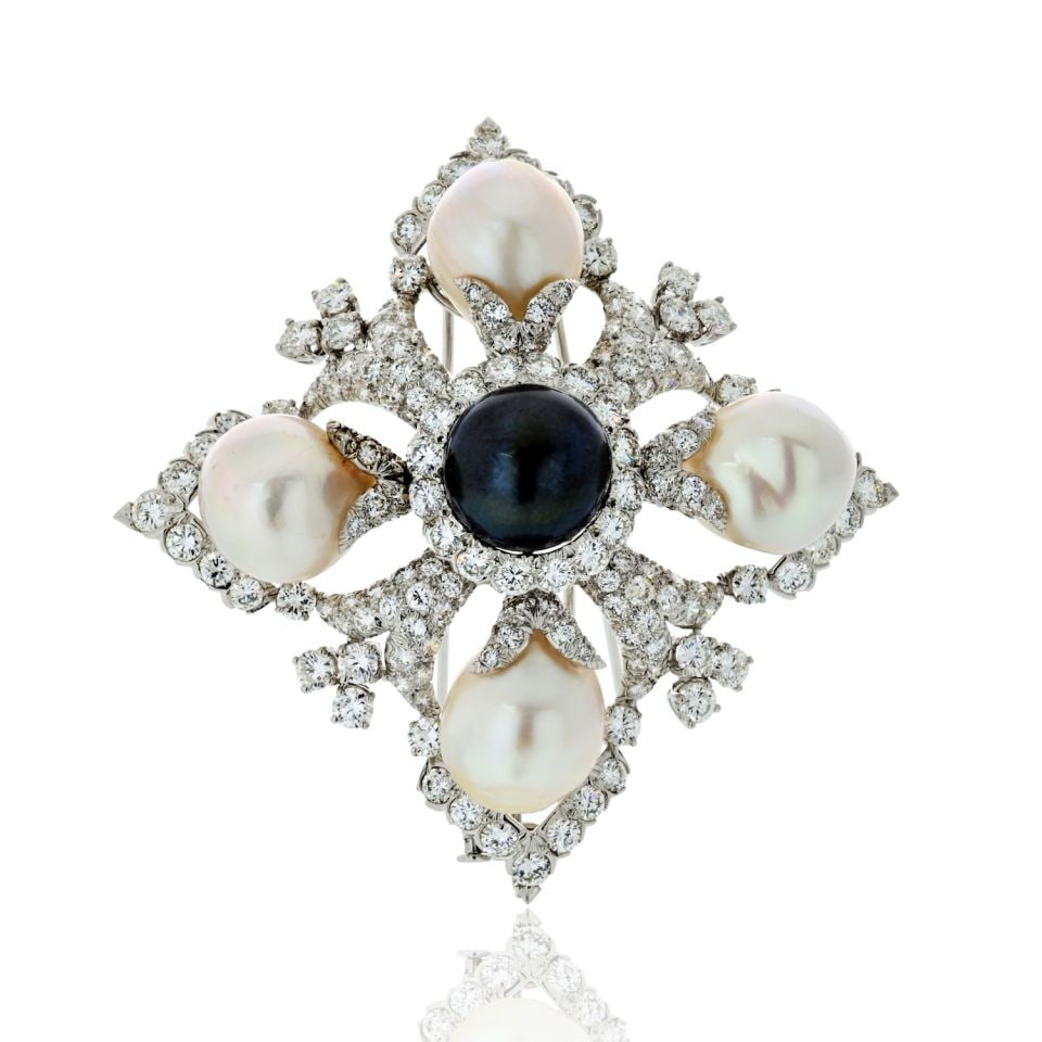 David Webb Platinum Maltese Cross Brooch with Diamonds and Pearls (1 of 4)