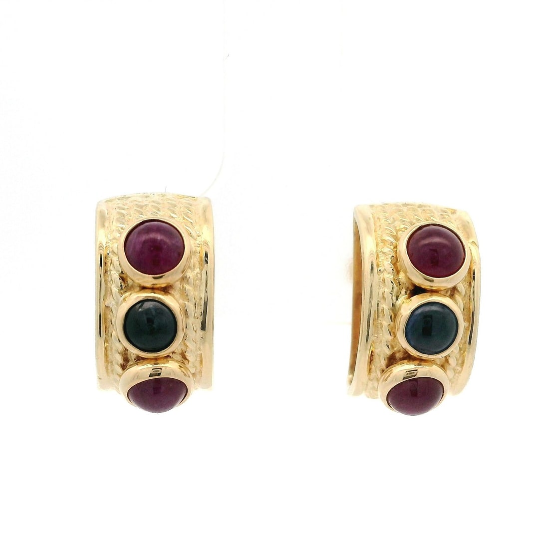 14k Yellow Gold Twisted Cable Dome Stud Earrings with Sapphire and Ruby: 14k Yellow Gold Twisted Cable Dome Stud Earrings with Sapphire and Ruby These stunning stud earrings feature a classic design crafted from solid 14k yellow gold, showcasing a beautiful combination of