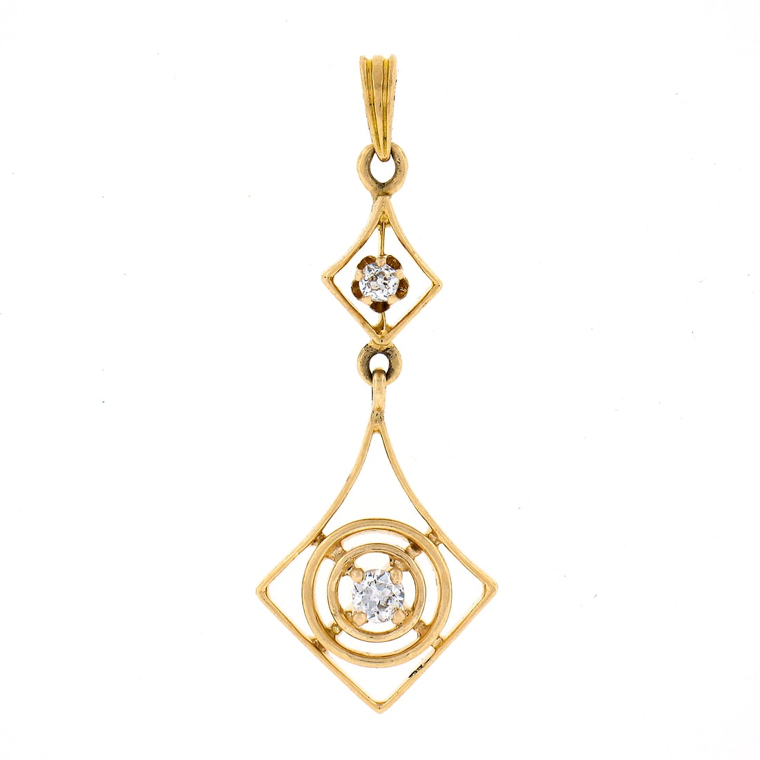 Antique 14K Yellow Gold Lavalier Pendant with 0.12ctw Diamonds: Antique 14K Yellow Gold Lavalier Pendant with 0.12ctw Diamonds This exquisite antique pendant is crafted from solid 14K yellow gold and features a unique open work target design. Adorned with two natu