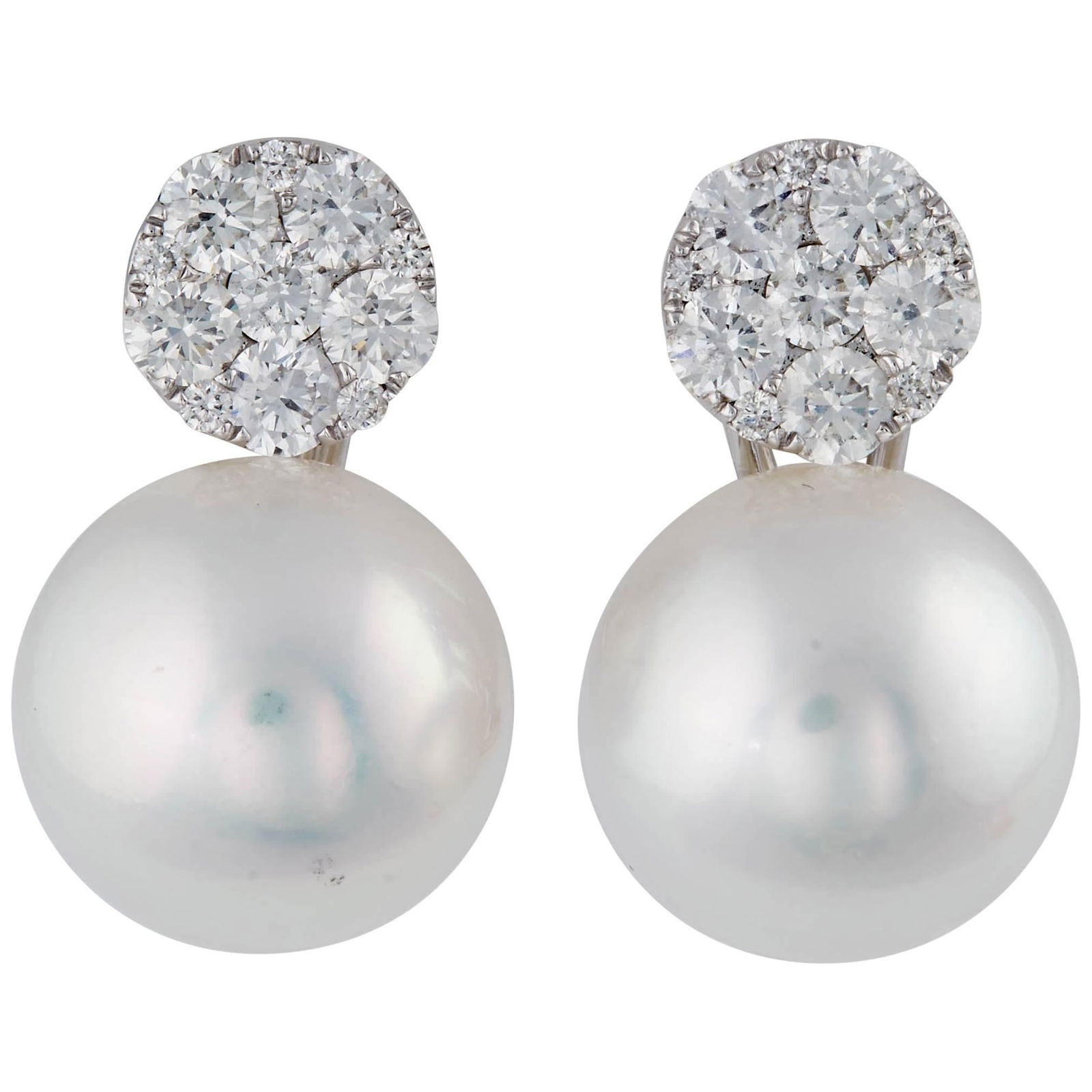 Harbor Diamonds 18k Gold South Sea Pearl Diamond Drop Earrings: Harbor Diamonds 18k Gold South Sea Pearl Diamond Drop Earrings Elevate your style with these stunning South Sea and Diamonds Cluster Round Shape Drop Earrings. Crafted from luxurious 18k white gold, t