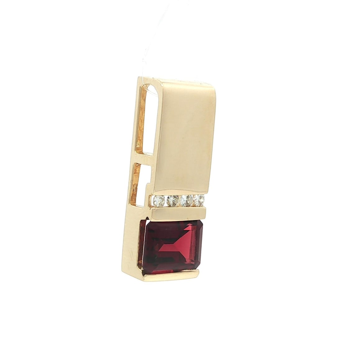 14k Yellow Gold Geometric Pendant with Orange Garnet and Diamonds: 14k Yellow Gold Geometric Pendant with Orange Garnet and Diamonds This stunning long slide pendant showcases a beautiful emerald-cut garnet framed by four round brilliant-cut diamonds, adding a touch
