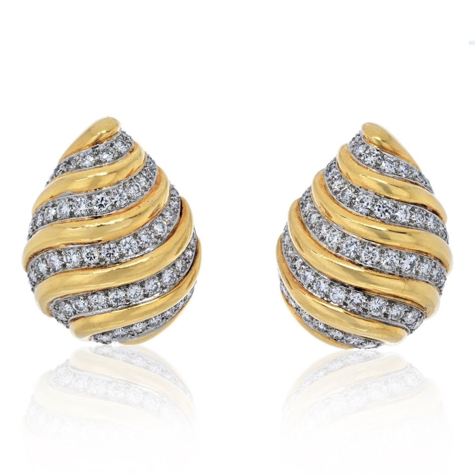 David Webb 18K Gold 7 Carat Diamond Tear Drop Clip On Earrings: David Webb 18K Gold 7 Carat Diamond Tear Drop Clip On Earrings Discover these stunning David Webb 18K Yellow Gold Tear Drop Clip On Earrings, featuring a classic design that elegantly showcases channe