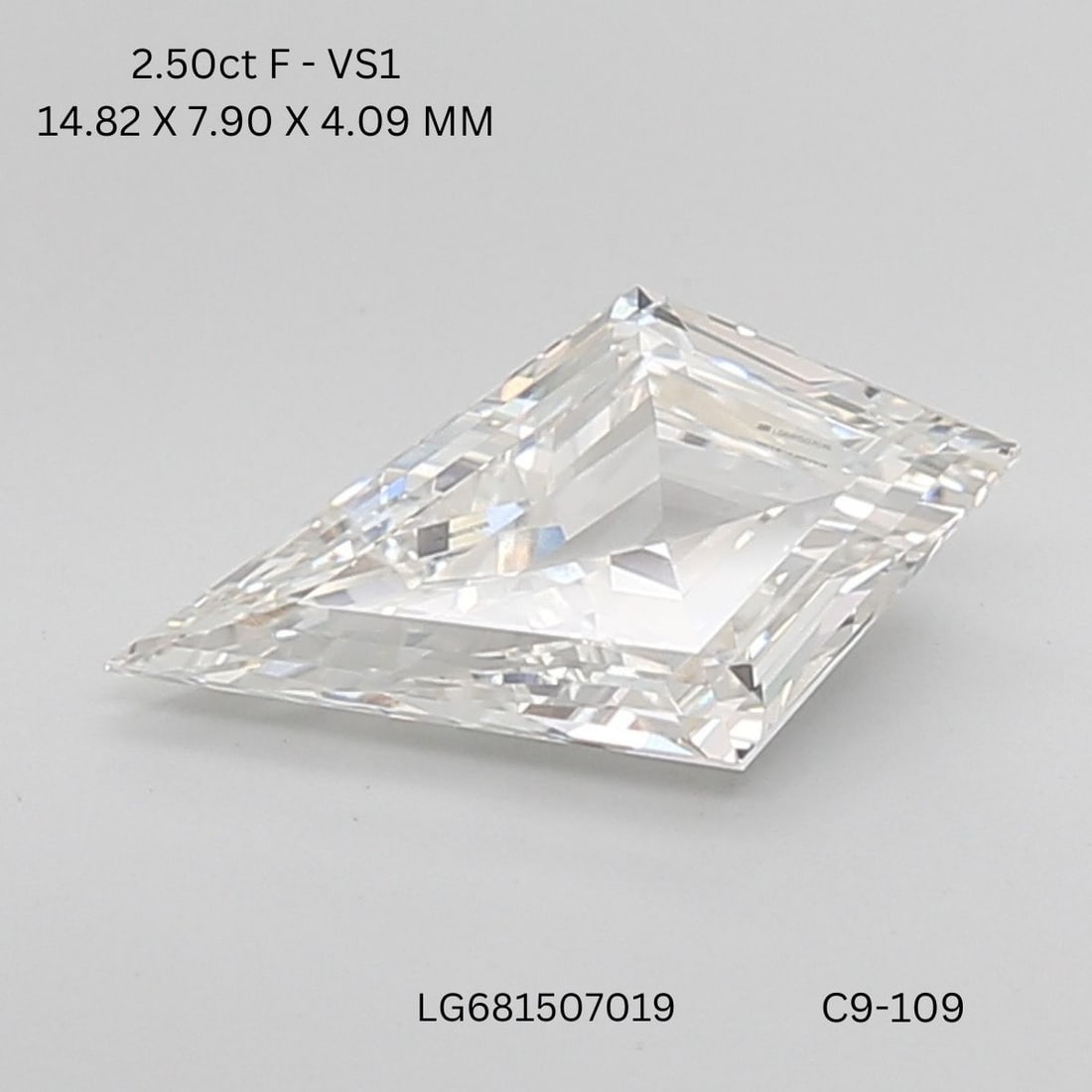 Loose Diamond - KITE 2.5ct F VS1: Loose Diamond - KITE 2.5ct F VS1 Source: This is a real non-mined Diamond that has been grown in a lab Shape: KITE Carats: 2.5 Color: F Clarity: VS1 Certification: IGI Video:
