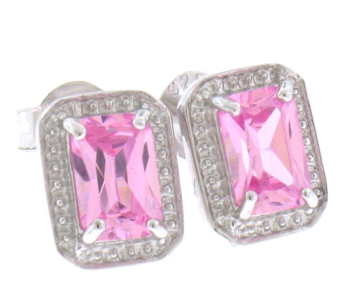 .925 Sterling Silver Rectangular Pink CZ Stud Earrings with Beaded Border (1 of 4)