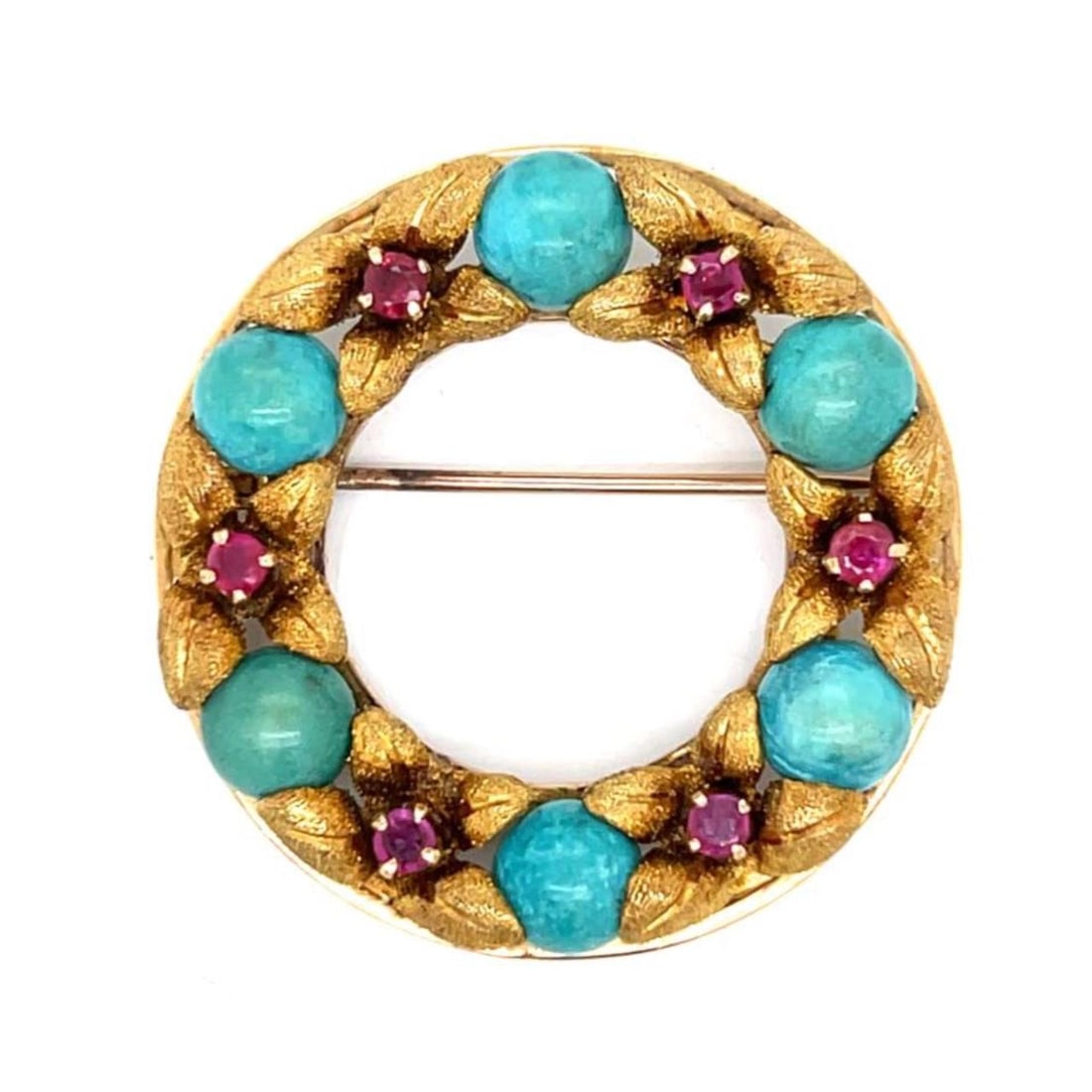 Ruby and Turquoise Brooch in 18K Yellow Gold 1.5 Inch Length (1 of 4)