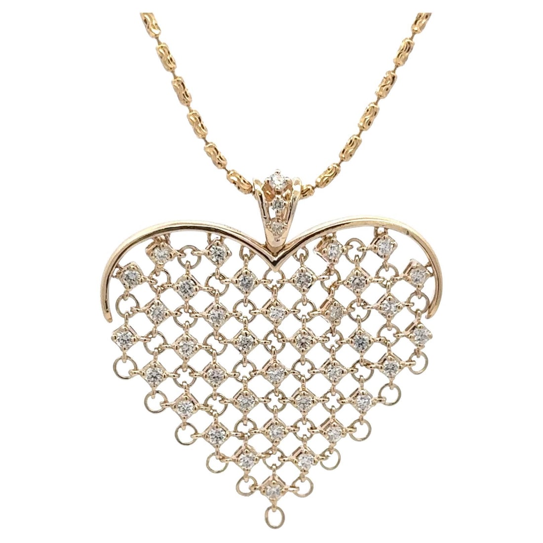 Harbor Diamonds 14K Gold Diamond Heart Pendant 1.43ct 2025: Harbor Diamonds 14K Gold Diamond Heart Pendant 1.43ct 2025 This stunning Diamond Heart Mesh Pendant Necklace is crafted from 14 karat yellow gold, weighing 14.5 grams. The pendant features a beautiful