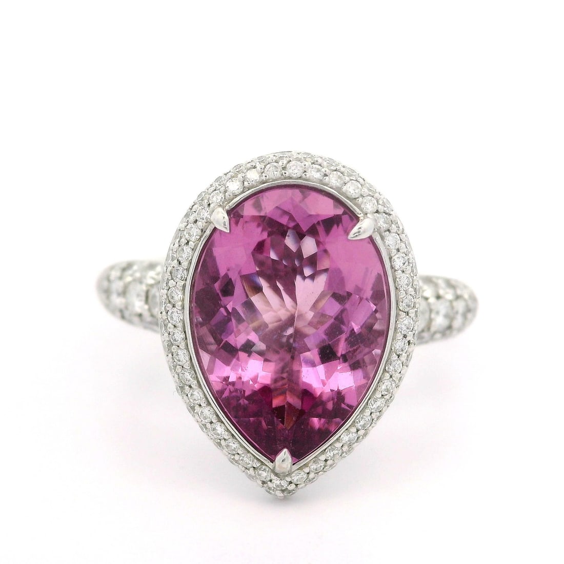 Kat Florence 18k White Gold 5.44ct Morganite Diamond Cocktail Ring with Box: Kat Florence 18k White Gold 5.44ct Morganite Diamond Cocktail Ring with Box This stunning cocktail ring features a natural pear-shaped Madagascar morganite with a total weight of 4.39 carats, prong se