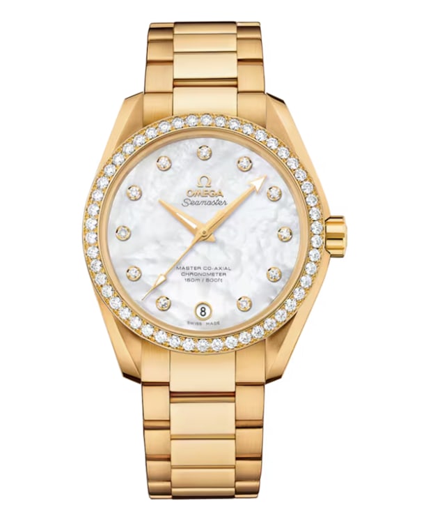 Omega Seamaster Aqua Terra 18k Yellow Gold Diamond Dial Watch 231.55.39.21.55.002 2022: Omega Seamaster Aqua Terra 18k Yellow Gold Diamond Dial Watch 231.55.39.21.55.002 2022 This Omega Seamaster Aqua Terra features a 39mm case crafted from 18k yellow gold and is equipped with a white mo