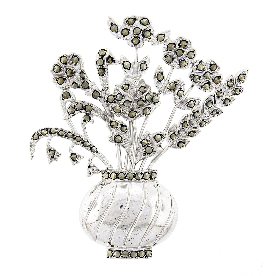 Vintage Sterling Silver Milgrain Bouquet Brooch with Marcasite Stones: Vintage Sterling Silver Milgrain Bouquet Brooch with Marcasite Stones This exquisite vintage brooch showcases a detailed bouquet design crafted in solid 925 sterling silver, featuring numerous natural