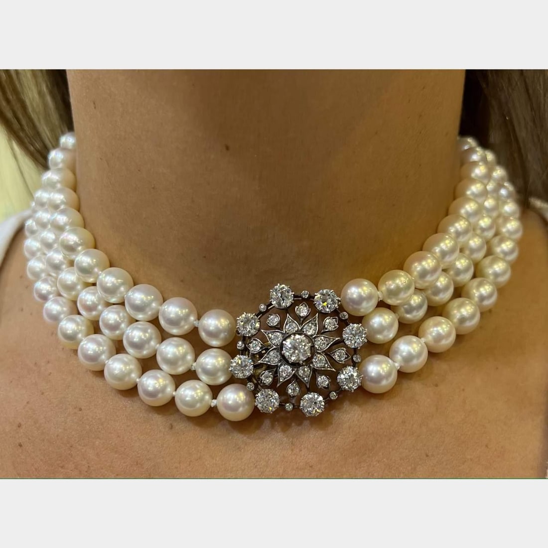 Victorian 3-Strand Pearl Necklace with Gold Silver Clasp and Old Mine Diamonds: Victorian 3-Strand Pearl Necklace with Gold Silver Clasp and Old Mine Diamonds This exquisite Victorian necklace features a stunning three-strand design adorned with lustrous pearls, measuring between