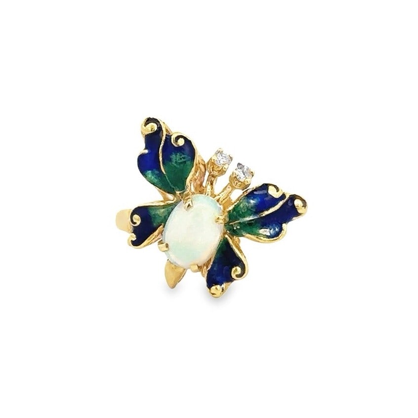Yellow Gold Butterfly Cocktail Ring with Opal and Diamond Accent: Yellow Gold Butterfly Cocktail Ring with Opal and Diamond Accent This exquisite open butterfly cocktail ring is crafted in 13-14K solid yellow gold and features a stunning natural opal at its center,