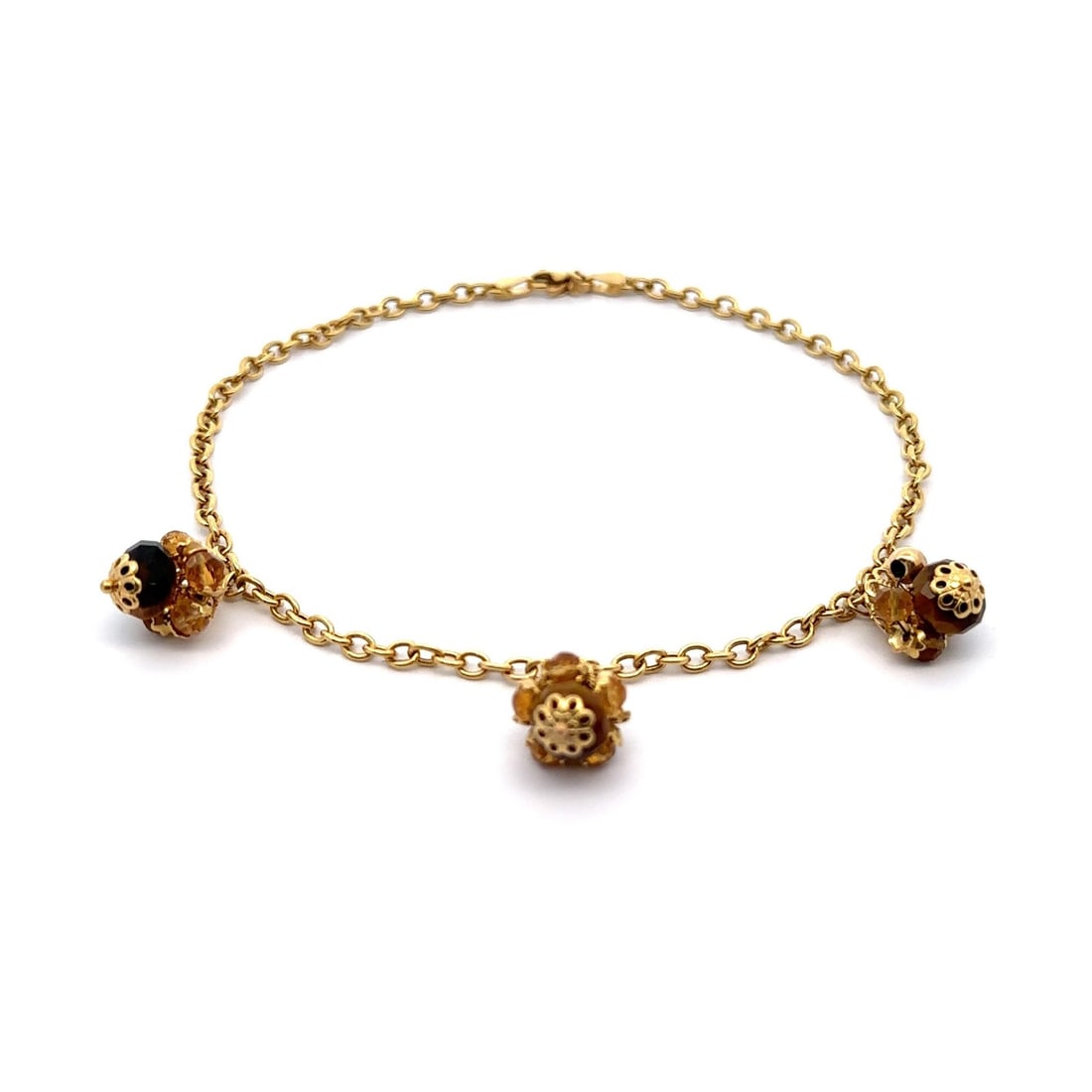 Vintage 18k Gold Citrine Tiger Eye Floral Dangle Anklet Bracelet 9.5 Inch: Vintage 18k Gold Citrine Tiger Eye Floral Dangle Anklet Bracelet 9.5 Inch This stunning vintage anklet bracelet features a combination of natural gemstones and solid 18k yellow gold. The design showca