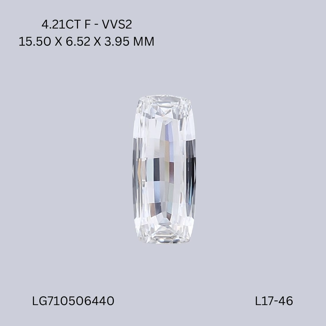 Loose Diamond - CUSHION MODIFIED 4.21ct F VVS2: Loose Diamond - CUSHION MODIFIED 4.21ct F VVS2 Source: This is a real non-mined Diamond that has been grown in a lab Shape: CUSHION MODIFIED Carats: 4.21 Color: F Clarity: VVS2 Certification: IGI Vide