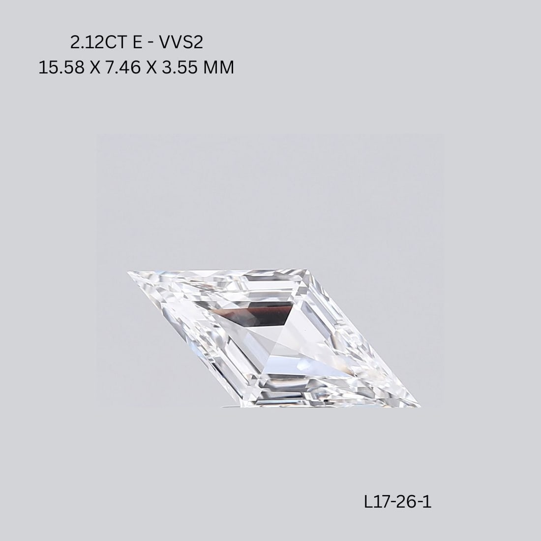 Loose Diamond - LOZENGE 2.12ct E VVS2: Loose Diamond - LOZENGE 2.12ct E VVS2 Source: This is a real non-mined Diamond that has been grown in a lab Shape: LOZENGE Carats: 2.12 Color: E Clarity: VVS2 Certification: IGI Video: