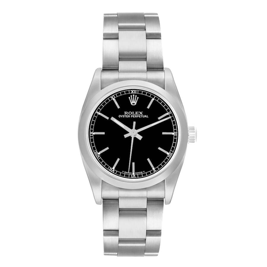 Ladies Oyster Perpetual Watch Black Dial Reference 67480: Ladies Oyster Perpetual Watch Black Dial Reference 67480 This is a ladies Rolex Oyster Perpetual watch featuring a black dial and a smooth bezel. The timepiece is fitted with an Oyster bracelet and is