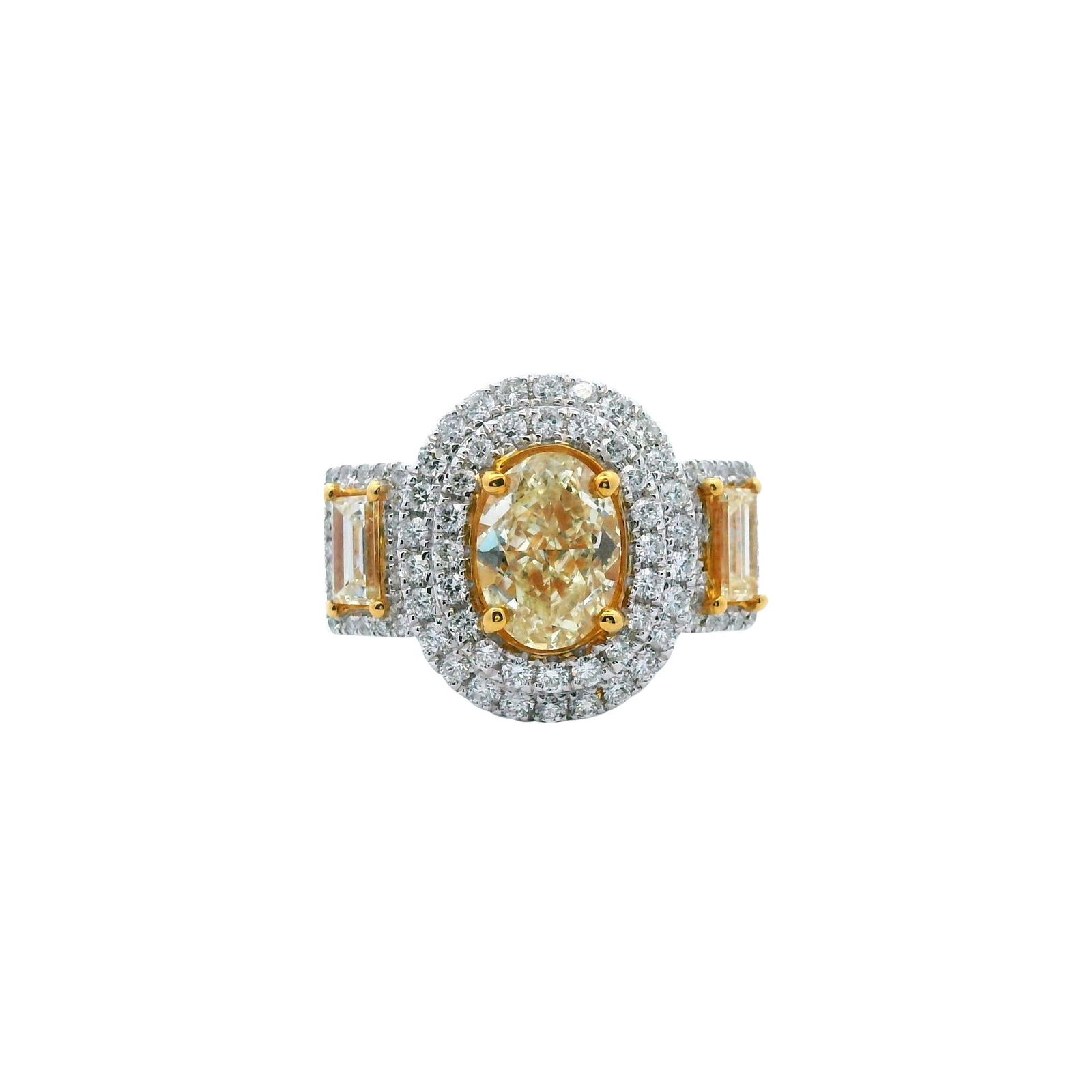 3.03ct Fancy Intense Yellow Diamond Halo Ring 18k Gold EGL Certified: 3.03ct Fancy Intense Yellow Diamond Halo Ring 18k Gold EGL Certified This exquisite three-stone halo ring showcases a stunning 3.03 carat total diamond weight, featuring a central 1.74 carat oval Fanc