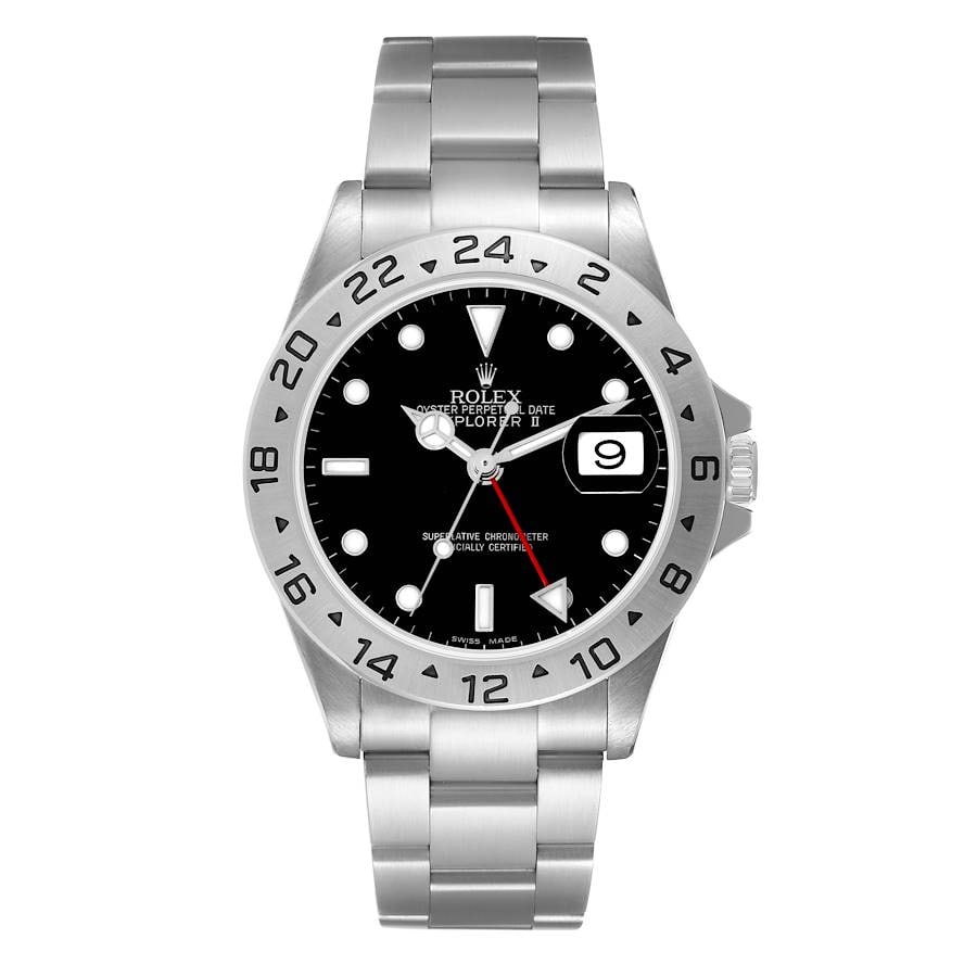 Explorer II Reference 16570 Black Dial Oyster Bracelet with Papers: Explorer II Reference 16570 Black Dial Oyster Bracelet with Papers This is a Rolex Explorer II watch featuring a black dial and a stainless steel bezel. It comes equipped with an Oyster bracelet and i