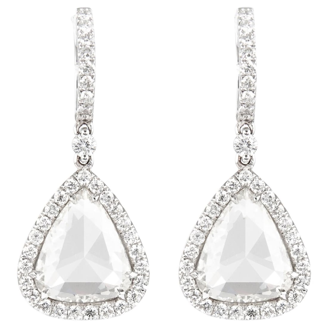Stunning 7.33ct Pear Rose Cut Diamond Drop Earrings 18k White Gold: Stunning 7.33ct Pear Rose Cut Diamond Drop Earrings 18k White Gold Elevate your elegance with these stunning 7.33 ct pear-shaped rose cut diamond drop earrings. Crafted in luxurious 18k white gold, th