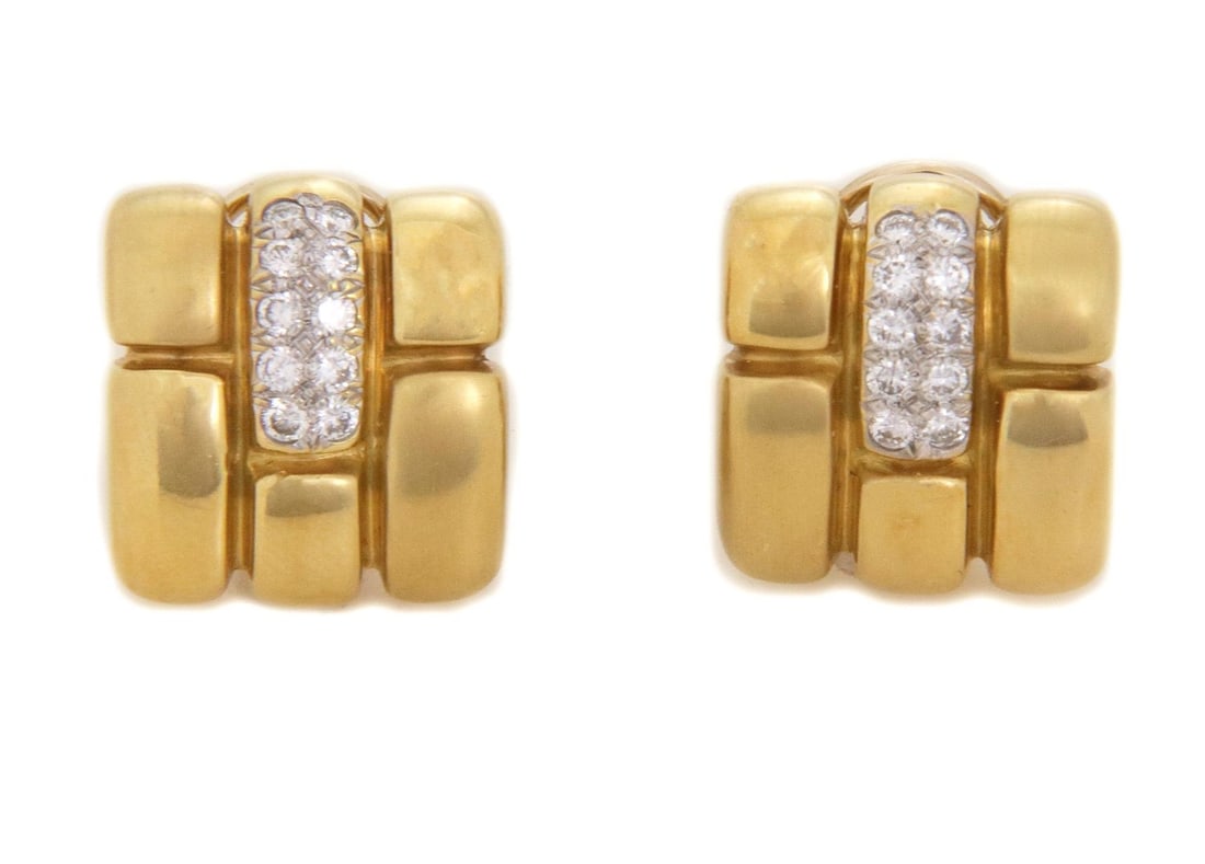 Marlene Stowe 18k Gold Diamond Clip-On Earrings Rectangle Design: Marlene Stowe 18k Gold Diamond Clip-On Earrings Rectangle Design Elevate your style with these stunning clip-on earrings by designer Marlene Stowe. Crafted from 18k yellow and white gold, these