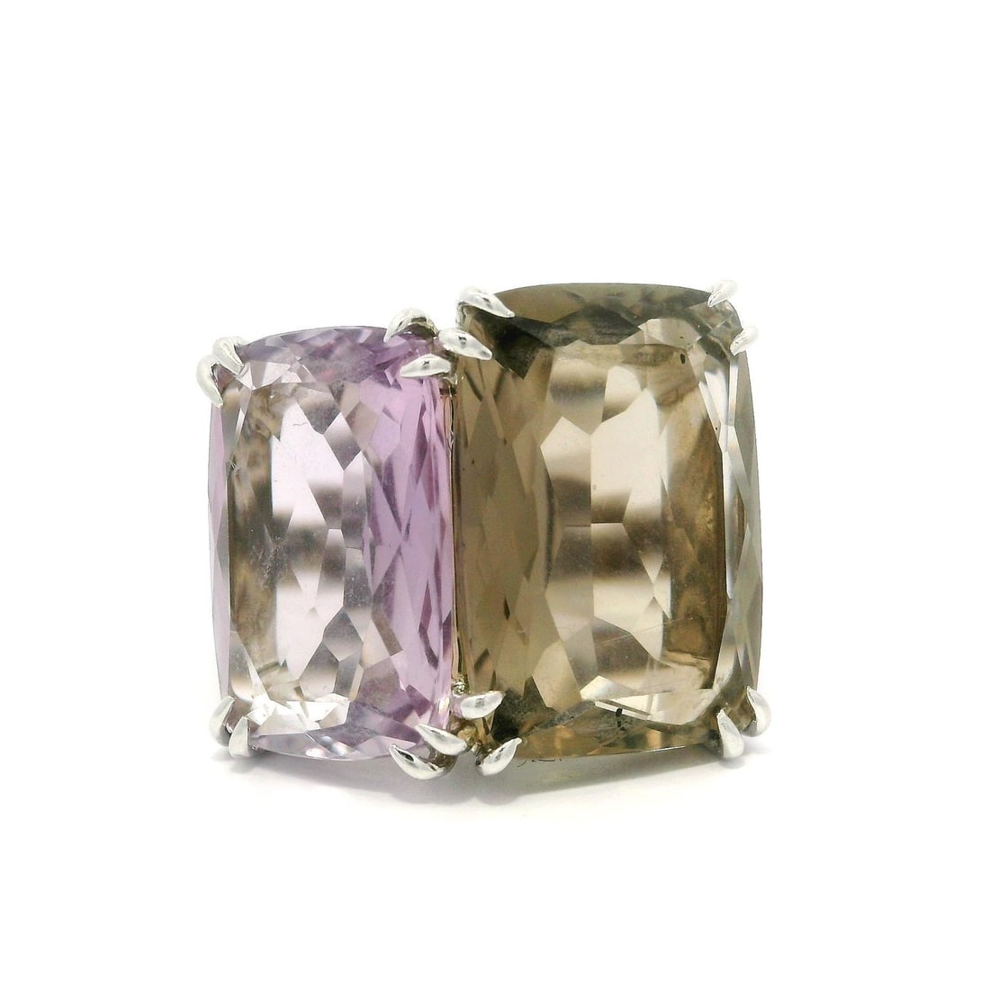 H. Stern 18k White Gold Amethyst Smoky Quartz Diamond Ring: H. Stern 18k White Gold Amethyst Smoky Quartz Diamond Ring This exquisite H. Stern ring features a stunning design crafted from solid 18k white gold. The centerpiece is a natural genuine amethyst in a