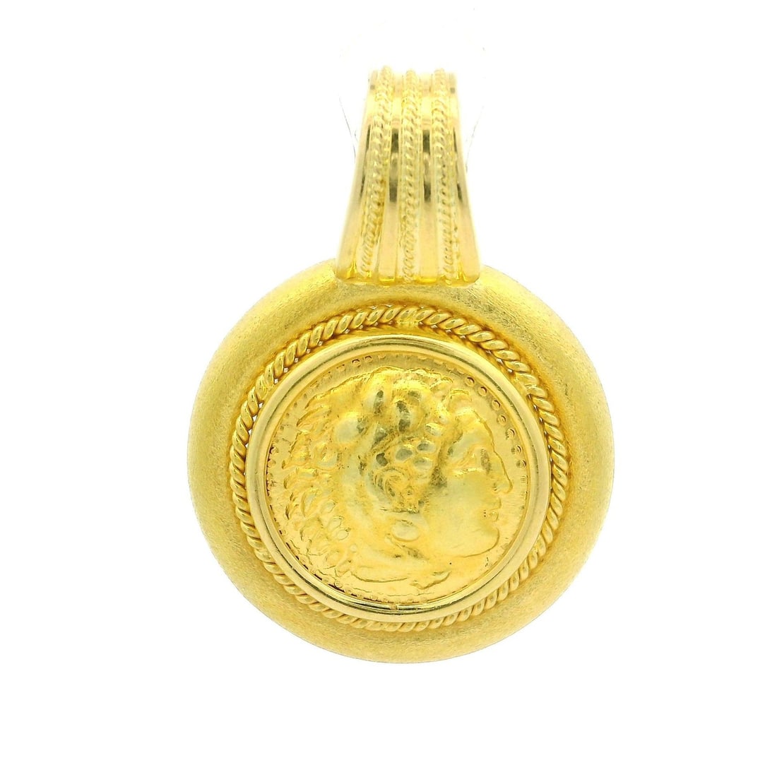 18k Yellow Gold Ancient Greek Coin Pendant with Matte Finish Frame: 18k Yellow Gold Ancient Greek Coin Pendant with Matte Finish Frame This stunning pendant features an authentic ancient Greek coin elegantly framed in solid 18k yellow gold with a matte finish. The int