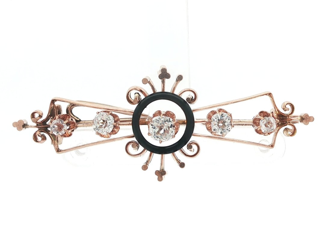 Antique Victorian Gold Black Enamel Paste Bar Pin Brooch: Antique Victorian Gold Black Enamel Paste Bar Pin Brooch This exquisite Antique Victorian Solid Gold Black Enamel Bar Pin Brooch features five round brilliant old cut paste stones, prong set in a stun