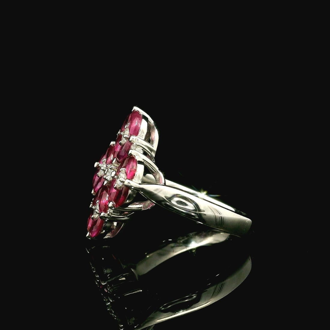 Platinum Statement Ring with Marquise Ruby and Diamond Clusters - 12
