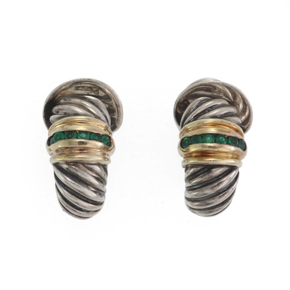 David Yurman Shrimp Earrings 925 Silver 14k Gold Emeralds D.Y 585 (1 of 5)