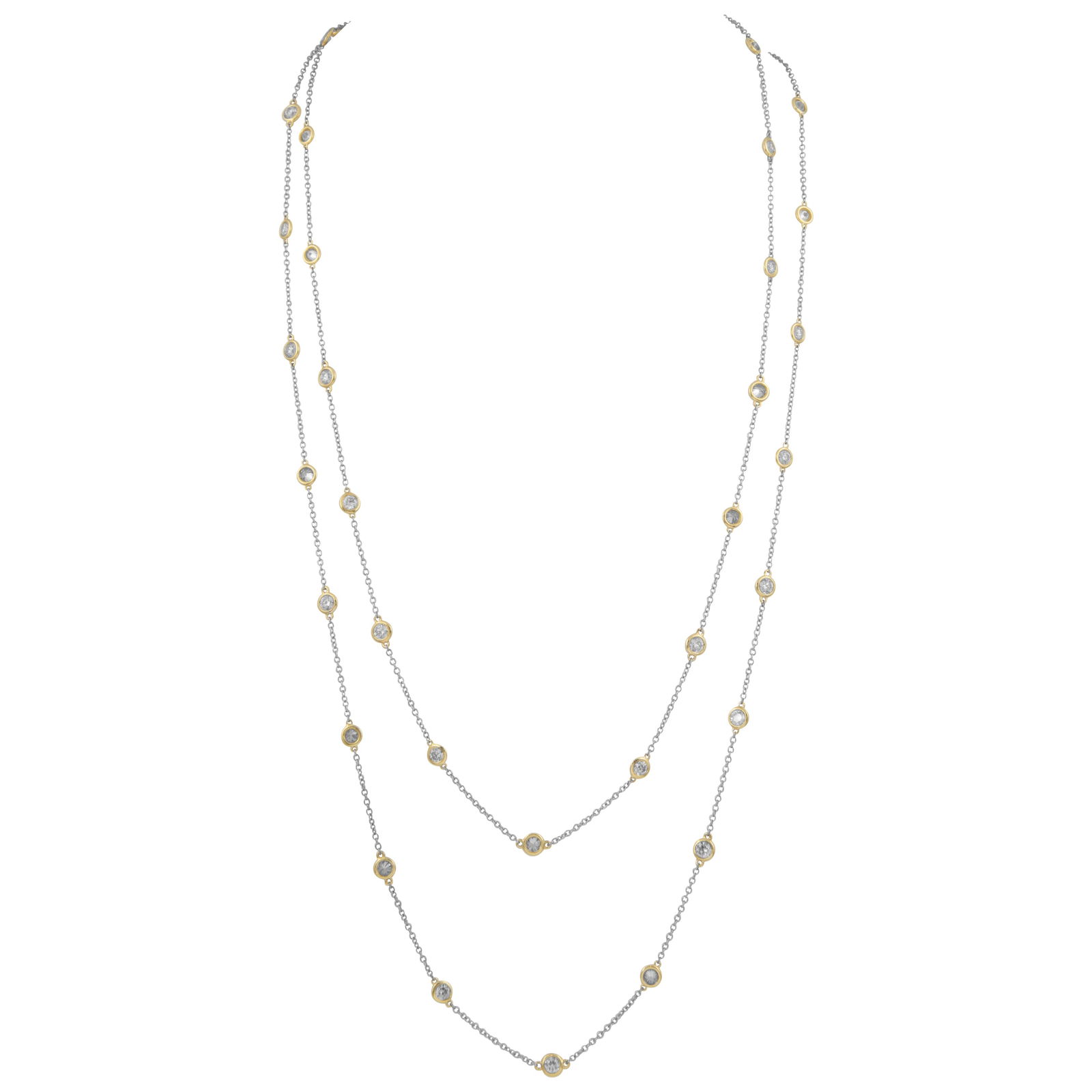 8.34ct Diamonds by the Yard Necklace 18k White Gold 52in: 8.34ct Diamonds by the Yard Necklace 18k White Gold 52in This exquisite Diamonds by the Yard necklace features 51 round brilliant diamonds totaling 8.34 carats, set in a stunning combination of 18k wh