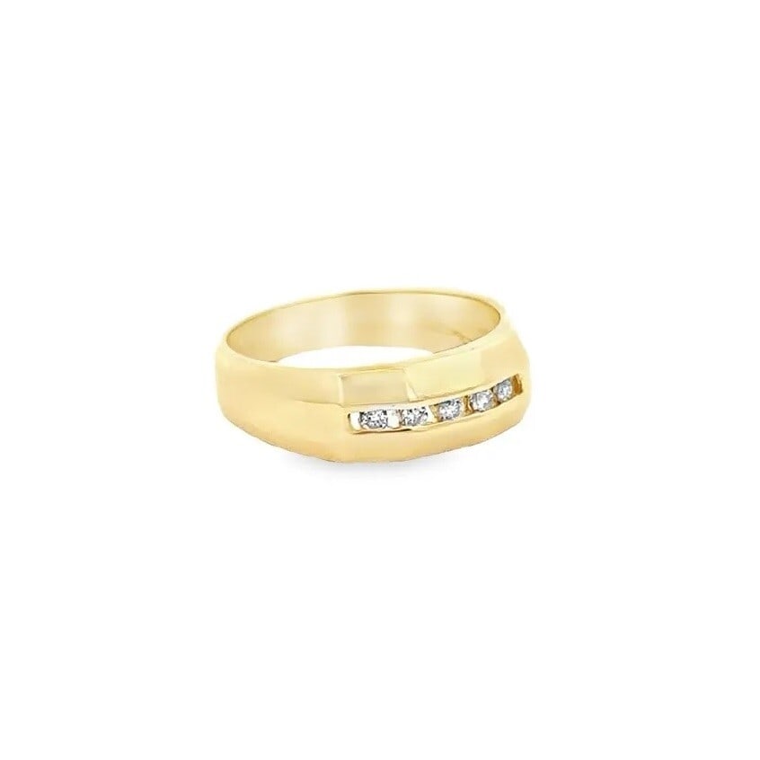14K Yellow Gold Stackable Bevel Dome Band Ring with Diamonds: 14K Yellow Gold Stackable Bevel Dome Band Ring with Diamonds This exquisite 14K Yellow Gold Faceted Channel Set Round Diamond Stackable Bevel Dome Band Ring is a stunning addition to any jewelry colle
