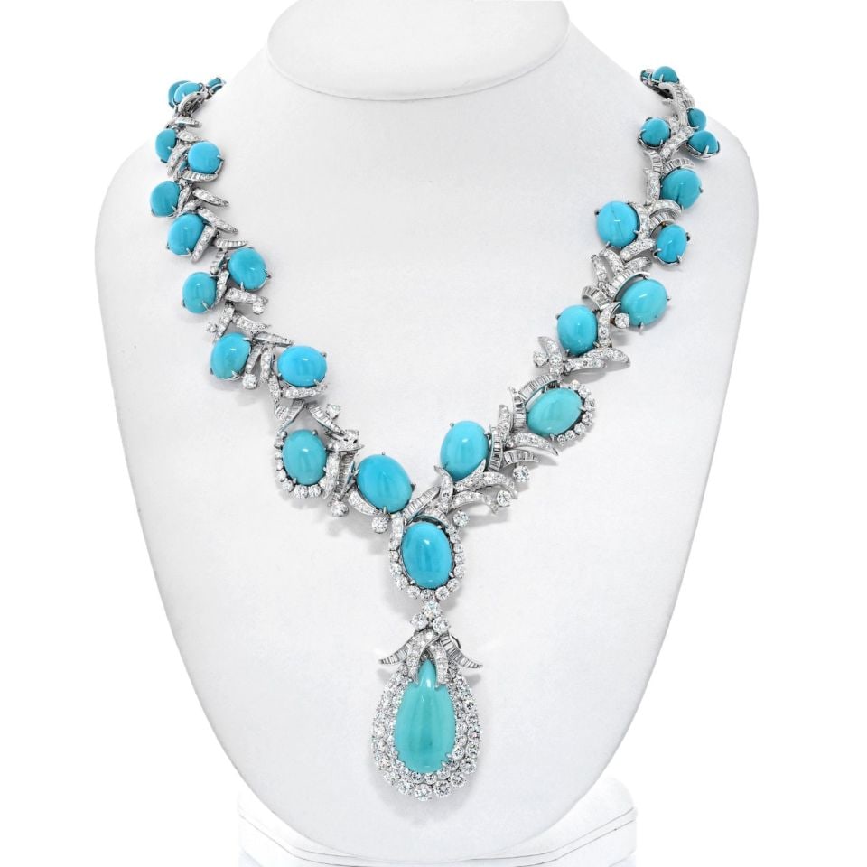 David Webb Platinum Necklace with Turquoise and Diamonds 46.1 Cts: David Webb Platinum Necklace with Turquoise and Diamonds 46.1 Cts This exquisite David Webb necklace features a stunning design crafted in platinum. The piece showcases a detachable pendant brooch, ad