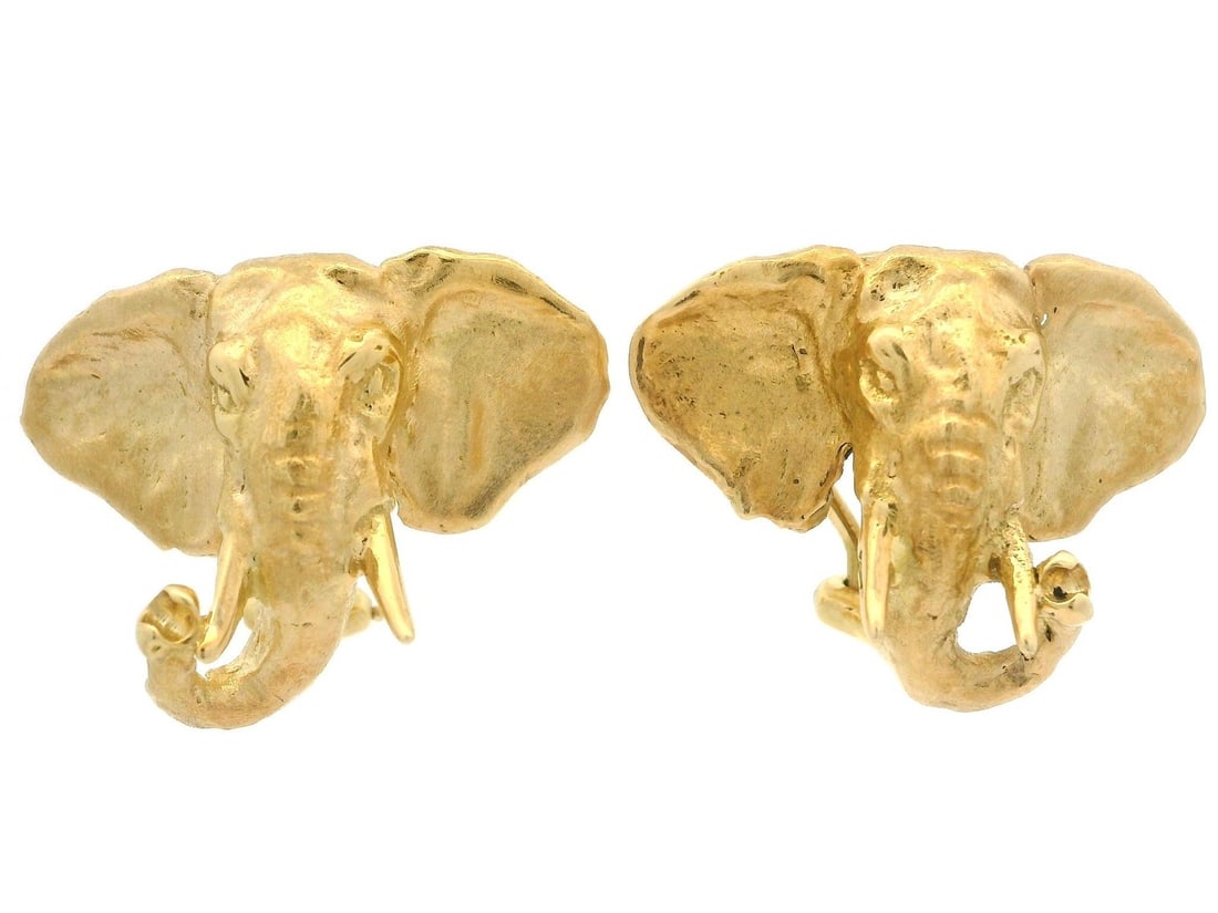 Exquisite 18k Yellow Gold Elephant Head Clip On Earrings (1 of 6)