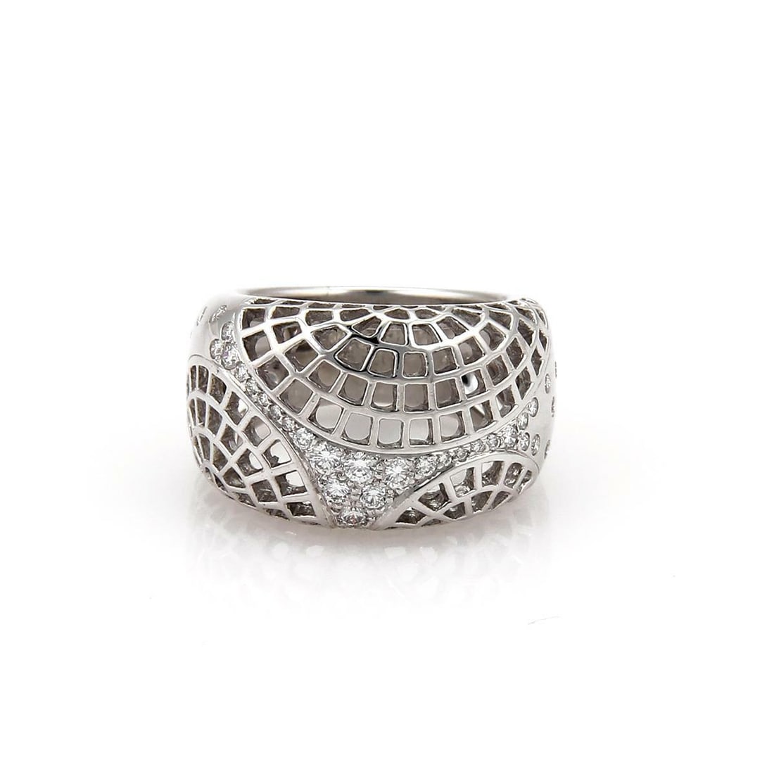 Cartier 18k White Gold Spider Web Diamond Ring Size 50 US 5: Cartier 18k White Gold Spider Web Diamond Ring Size 50 US 5 This exquisite ring by Cartier showcases a unique spider web design crafted from luxurious 18k white gold with a polished finish. The wide d