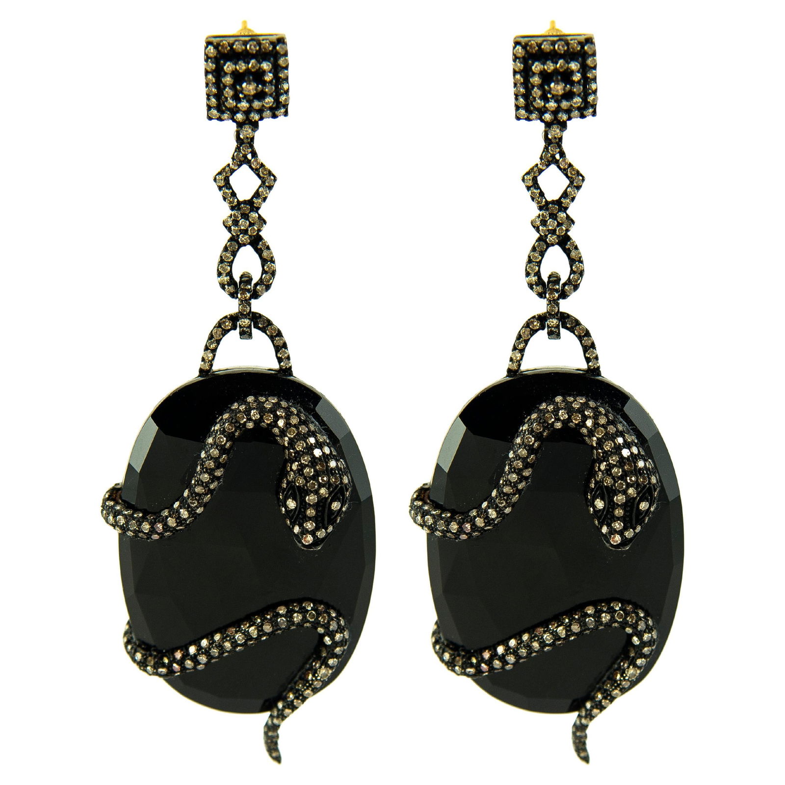 Victorian Style Onyx Diamond Snake Dangle Earrings 2.40ct (1 of 4)