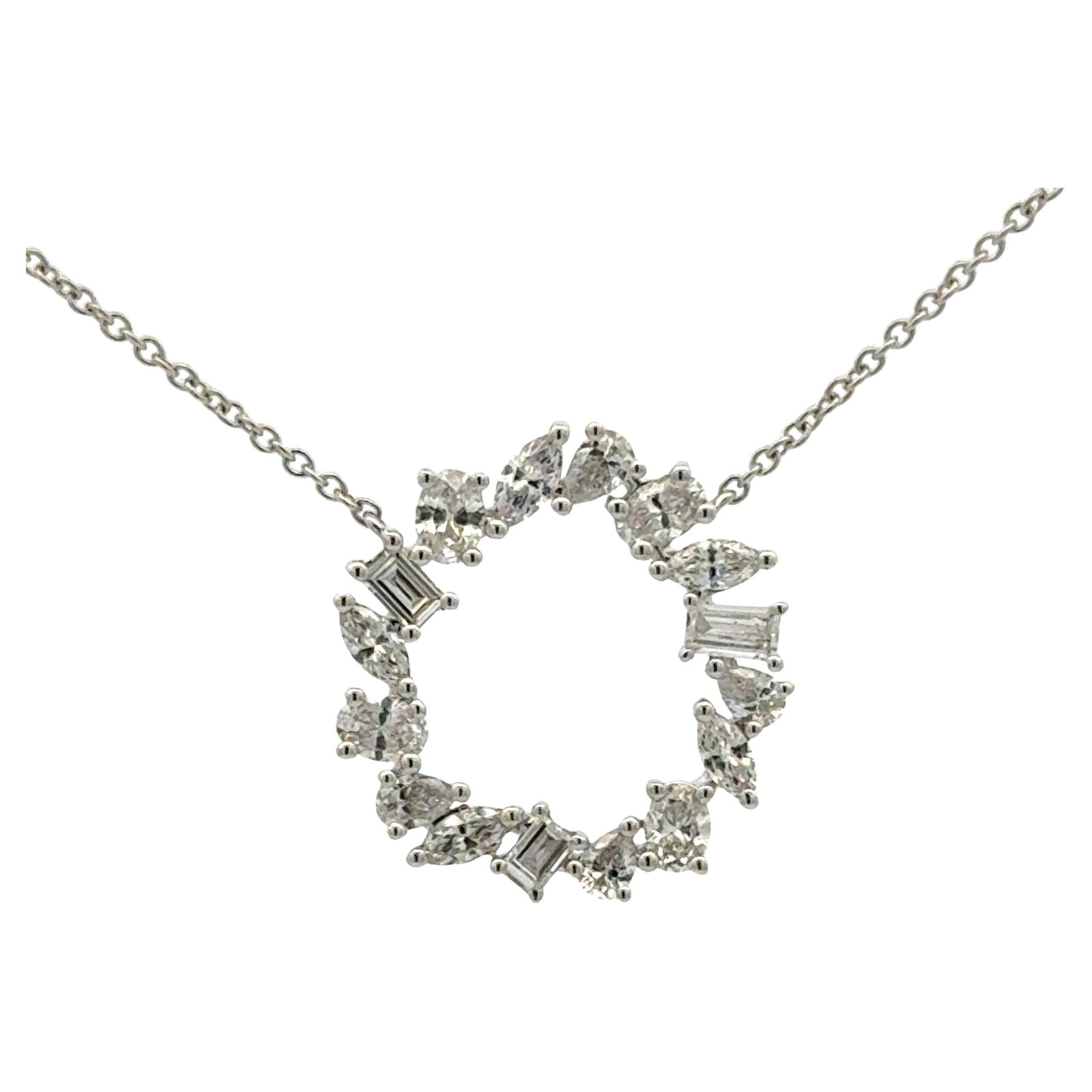 Harbor Diamonds Multi-Shape Diamond Circle Pendant Necklace 1.36ct 18k White Gold: Harbor Diamonds Multi-Shape Diamond Circle Pendant Necklace 1.36ct 18k White Gold This exquisite Multi-Shape Diamond Circle Pendant Necklace features a stunning arrangement of oval, emerald, marquise,