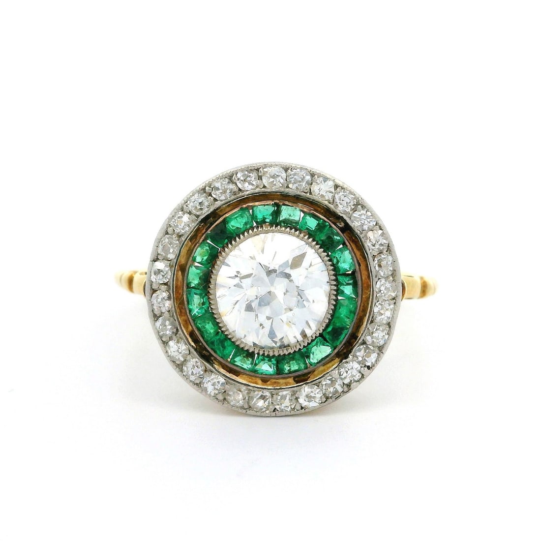 Antique Edwardian Gold Platinum Diamond Emerald Target Ring 1.25ct (1 of 11)
