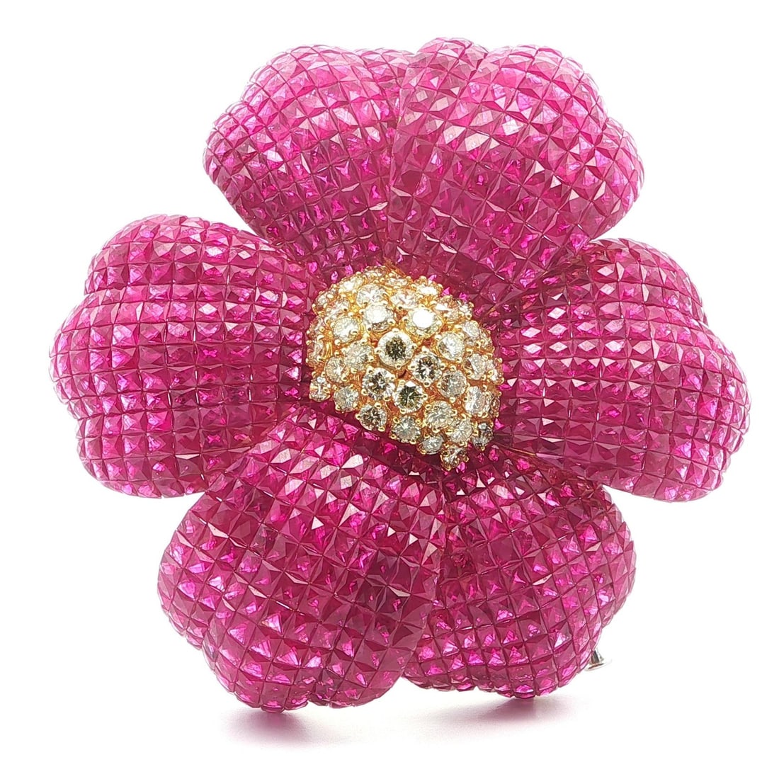 Large 18k Yellow Gold Ruby Fancy Yellow Diamond Flower Brooch (1 of 8)