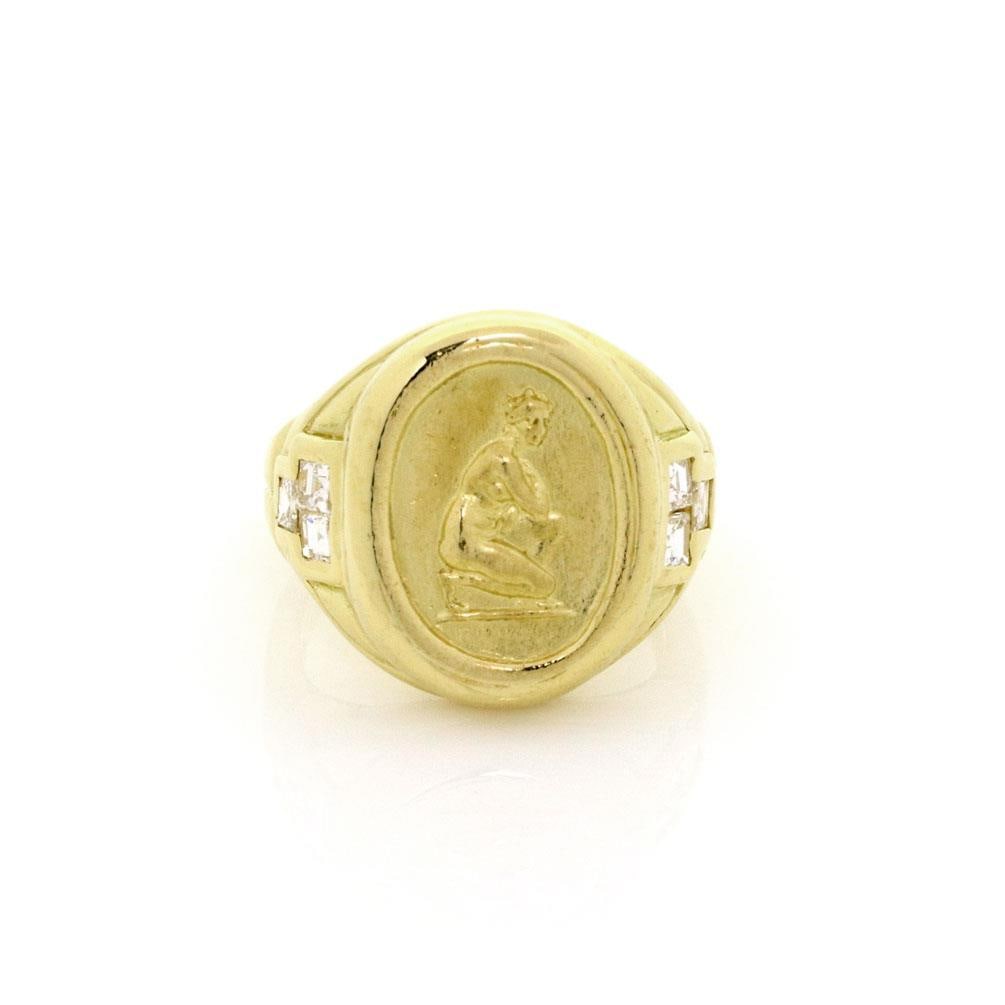 Athena Diamond Ring 18k Yellow Gold Coin Style with 2 Diamonds Size 5.5: Athena Diamond Ring 18k Yellow Gold Coin Style with 2 Diamonds Size 5.5 This exquisite Athena Diamond Ring is meticulously crafted from 18k yellow gold and features a high polished finish. The ring sh