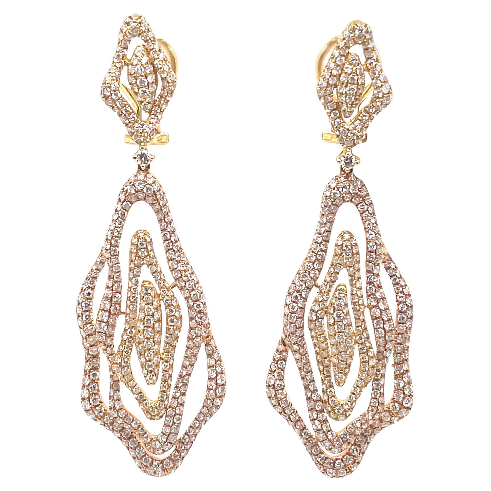 5.75ct Diamond Dangle Wave Earrings 18k Gold: 5.75ct Diamond Dangle Wave Earrings 18k Gold Elevate your jewelry collection with these stunning dangle wave earrings featuring 5.75 carats of pave set round brilliant diamonds. Crafted from luxurious