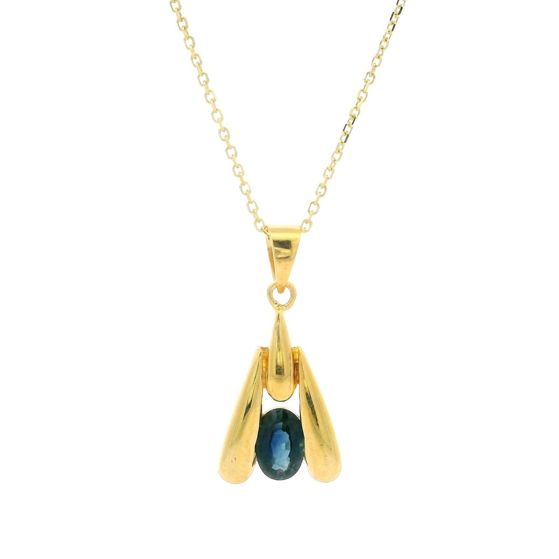 Yellow Gold Adjustable Bee Fly Pendant Necklace with Sapphire 0.60ctw: Yellow Gold Adjustable Bee Fly Pendant Necklace with Sapphire 0.60ctw This stunning Yellow Gold pendant features a unique abstract bee fly design, adorned with a natural genuine oval-cut sapphire. The