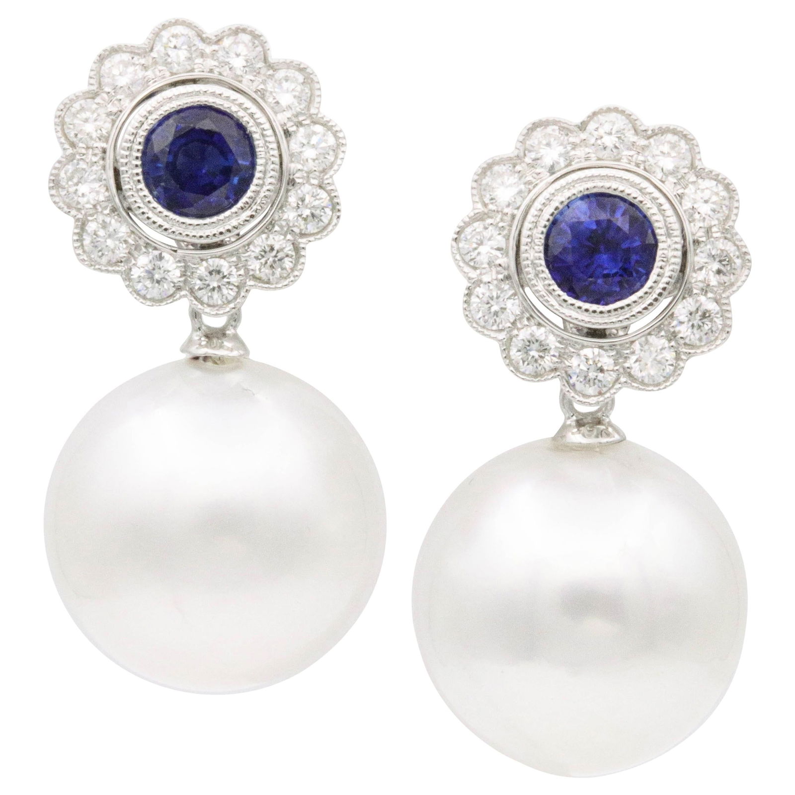 Harbor Diamonds 18K White Gold South Sea Pearl Sapphire Diamond Drop Earrings Set of 2 (1 of 5)