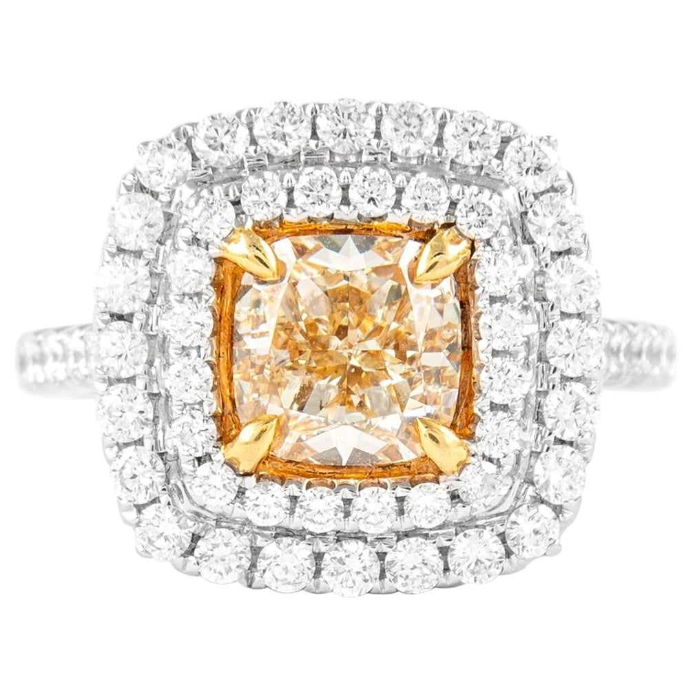 2.05ct Fancy Yellow Diamond Double Halo Ring 18k Gold EGL Certified: 2.05ct Fancy Yellow Diamond Double Halo Ring 18k Gold EGL Certified This exquisite ring features a stunning 2.05 ct Fancy Yellow VS1 diamond at its center, elegantly surrounded by a double halo of 56