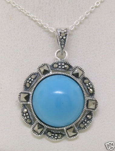 Elegant Round Turquoise Marcasite Pendant with 18in Sterling Silver Chain (1 of 1)