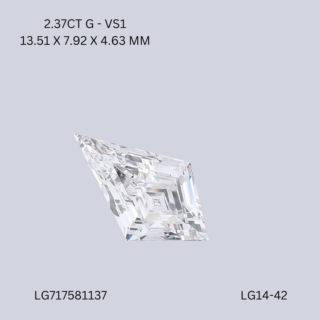 Loose Diamond - KITE 2.37ct G VS1: Loose Diamond - KITE 2.37ct G VS1 Source: This is a real non-mined Diamond that has been grown in a lab Shape: KITE Carats: 2.37 Color: G Clarity: VS1 Certification: IGI Video: