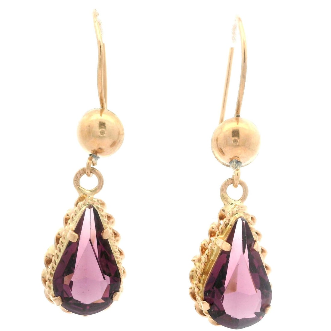 Vintage 14k Yellow Gold Teardrop Earrings with Purple Step Cut Stones: Vintage 14k Yellow Gold Teardrop Earrings with Purple Step Cut Stones These exquisite vintage dangle earrings are crafted from solid 14k yellow gold, showcasing a stunning pear step cut purple stone i